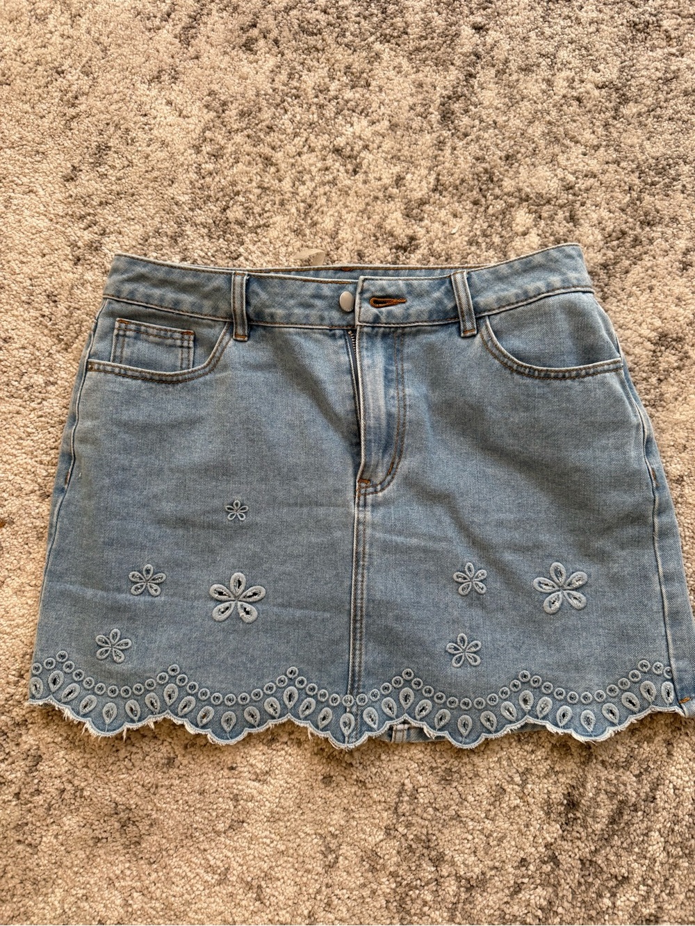 Cider Light Blue Embroidered Denim Mini Skirt